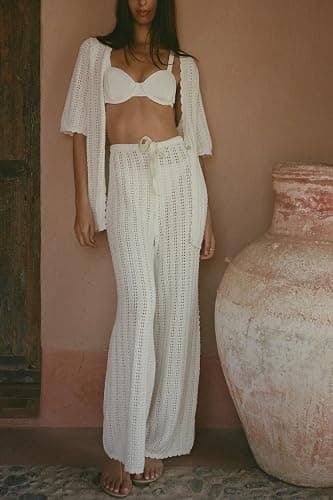 Imily Bela Women's Summer 2 Piece Swimsuit Cover up Crochet Knit Cardigan Tops Long Pants Set Bathing Suit Beach Outfit thumbnail 2