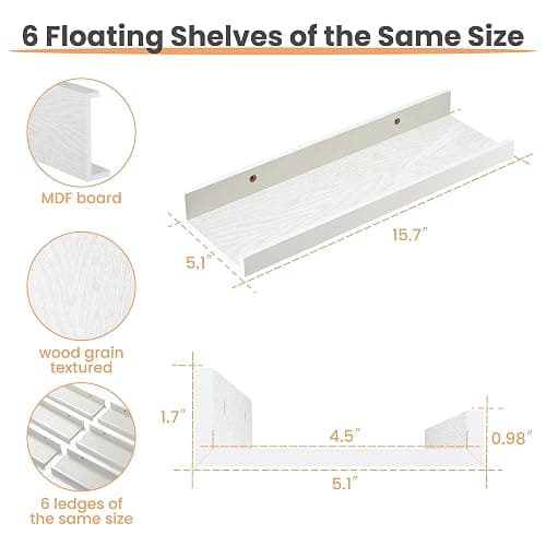 upsimples Floating Shelves for Wall, Wall Shelves for Decor Storage Set of 6, Wall Mounted Wood Shelf for Bedroom, Living Room, Bathroom, Kitchen, Picture Ledge Shelf, White thumbnail 3