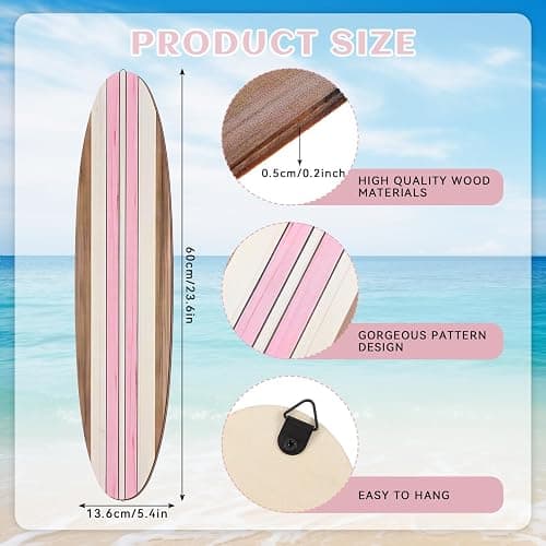 Gerrii 3 Pieces Surfboard Wall Decor 23.6" x 5.4" Preppy Beach Room Decor Aesthetic Large Wooden Cute Beachy Tropical Wall Art for Surfer Bedroom Living Room Bathroom Decorations(Pink) thumbnail 3