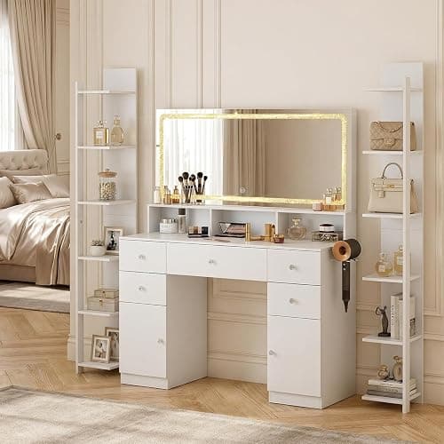 ZIMASYA 45" Large Makeup Vanitys with Mirror & Lights,Big Vanity Desk with 2 Side Shelves & Adjustable Brightness 3 Color Crystal Sparkle LED,Charging Station,26 Storage Areas for Girls Women White - Image 1