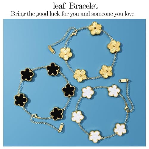AICase 18K Gold Plated Clover Bracelet Dupes Gold/White/Black Bracelet Set for Women Flower Leaf Lucky Clover Bracelets Trendy Jewelry Birthday Gifts for Women/Mon/Friends thumbnail 2