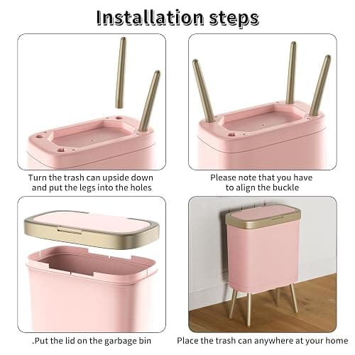 Procade Bathroom Trash Can with Lid, 4 Gallon Pink Garbage Can, Tall Plastic Trash Bin with Push Button, Slim Gold Trash Can Waste Basket for Room, Bedroom,Office,Kitchen thumbnail 6