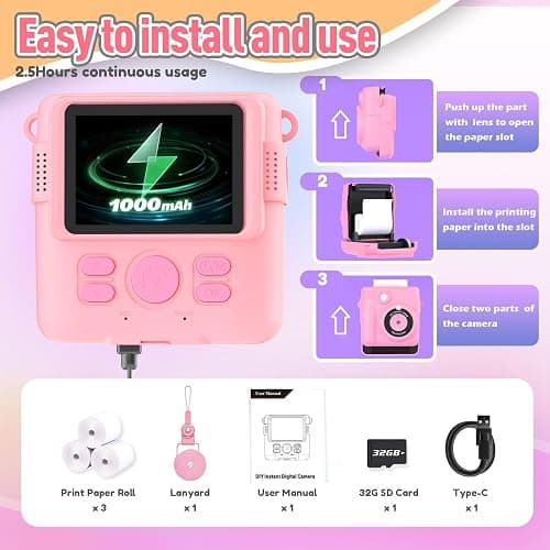 ESOXOFFORE Instant Print Camera for Kids, Christmas Birthday Gifts Girls Boys Age 3-12, HD Digital Video Cameras Toddler, Portable Toy 3 4 5 6 7 8 9 10 Year Old Girl with 32GB SD Card-Pink thumbnail 6