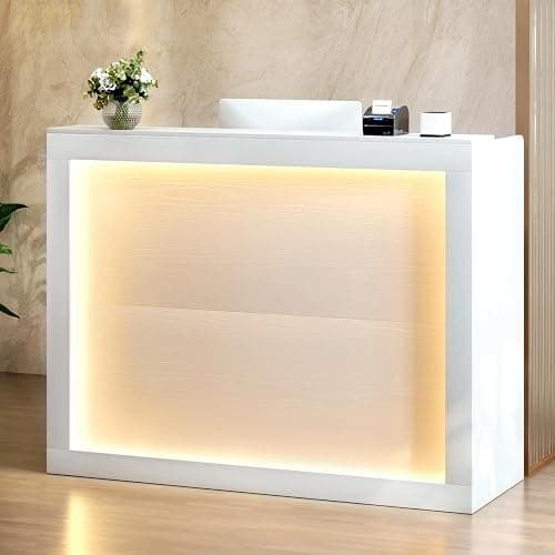 TC-HOMENY Reception Desk with LED Lights, 55'' Retail Counter Modern with Storage Shelves and Cable Grommet, Front Table, Salon Desk, Office Table,White - Image 1