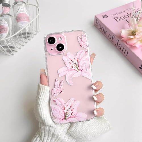 NITITOP Compatible with iPhone 15 Case Clear Cute Butterfly Lily Flower Floral Pattern for Women Girls Full Camera Lens Clear Slim Shockproof Protective Phone Cover - Pink thumbnail 4