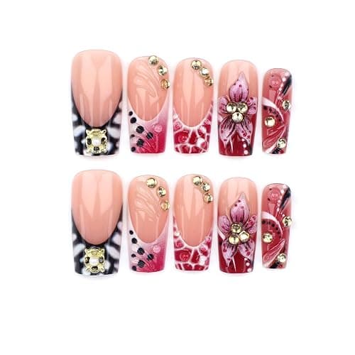 Auroriel 24 Stk Lange Quadratische Press On Nails Rosa French Tip mit Krokodilmuster Handgefertigte 3D Blumen Strass Kunstnägel Vollflächig Kleben Fall Acrylic Nail Set für Damen thumbnail 3