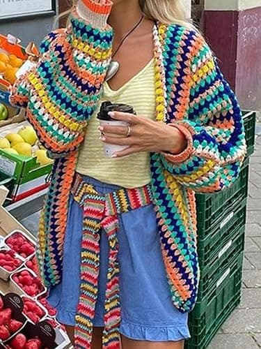 HOULENGS Women's Strawberry Print Button Down Long Sleeve V Neck Crop Cardigan Sweater thumbnail 2