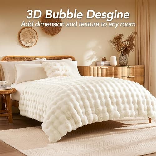L'AGRATY Faux Fur Throw Blanket: 60" x 80" Luxury Soft Fluffy Thick Rabbit Fur Blankets for Twin Bed Couch - Cozy Plush Bubble Blankets for Winter: Warm Flannel Fleece Decorative Blanket(Cream White) thumbnail 2