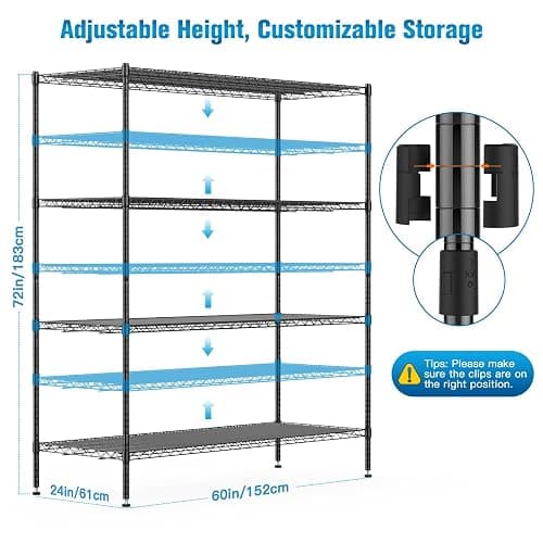 Wire Shelving with Wheels, 60x24x72 Inch, 2000 Lbs Storage Shelves Heavy Duty, Commercial-Grade Adjustable Utility Shelf, NSF-Certified Metal Storage Rack with Shelf Liners, 4-Tier, Matte Black - Matte Black - 4-Tier 60"x24"x72" thumbnail 3