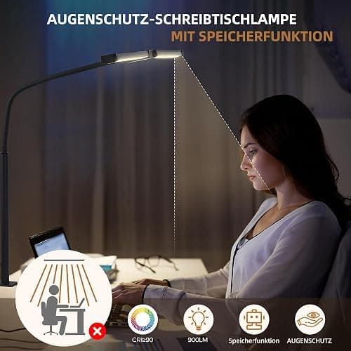LIBORA Lampe de Bureau LED, Double tête lampe bureau, 5 Modes de Couleur 5 Niveaux de Luminosité, Col de cygne flexible et Peu encombrante lampe pince, lampen de table, Blanc thumbnail 5
