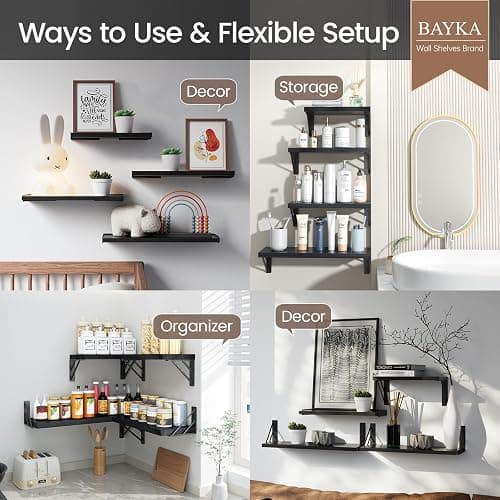 BAYKA Wall Mounted Floating Bathroom Shelves, Wood Floating Wall Shelf for Bathroom Essentials & Decor, Small Space-Saving Display & Organizer（Black，Set of 3） thumbnail 4