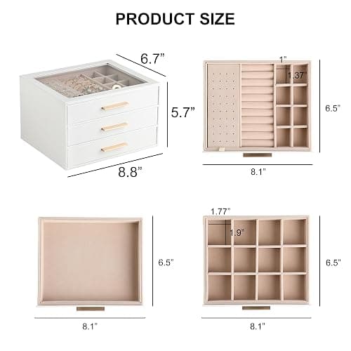Frebeauty Clear Lid Jewelry Box,3-Layer Jewelry Organizer with Drawer,PU Leather Jewelry Organizers and Storage,Jewelry Boxes for Women,Jewelry Storage for Rings Earring Stud,Gift for Women(White) thumbnail 3