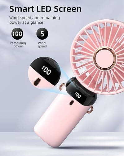 Koonie Handheld Fan, 5 Speeds, 8H Battery, 90° Tilt, Rechargeable, Pink | Digital display, 8-hour runtime, 90° adjustable tilt, battery operated, portable, for indoor & outdoor use thumbnail 4