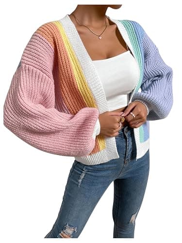 SHENHE Women's Color Block Open Front Long Sleeve Ribbed Knit Cropped Cardigan Sweaters thumbnail 4