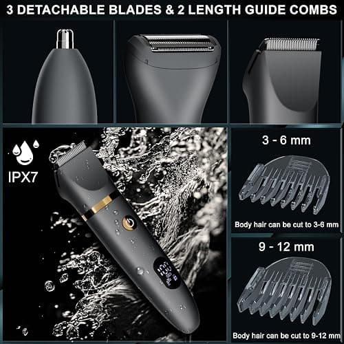 Zivelier Ball Shaver for Men, 3-in-1 Multifunction Body Hair Trimmer & Pubic Shaver with Titanium Blades (No Nicks!), IPX7 Waterproof Electric Razor, LED Display, Wet/Dry thumbnail 3