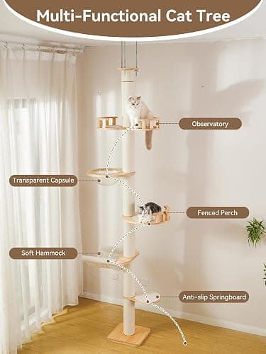 Floor to Ceiling Cat Tree, 5-Tier Adjustable Height(88-126in) Solid Wood Climbing Tower with Sisal Scratching Post, Transparent Capsule and Cozy Hammock thumbnail 5