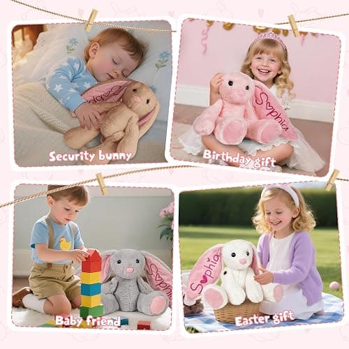 Personalized Bunny Plush Stuffed Animal with Embroideried Name Custom Toddler Stuffed Rabbit Doll Kids Bunny Plush Toys Personalized Baby Girls Boys Newborn Gifts for First Birthday Easter thumbnail 3