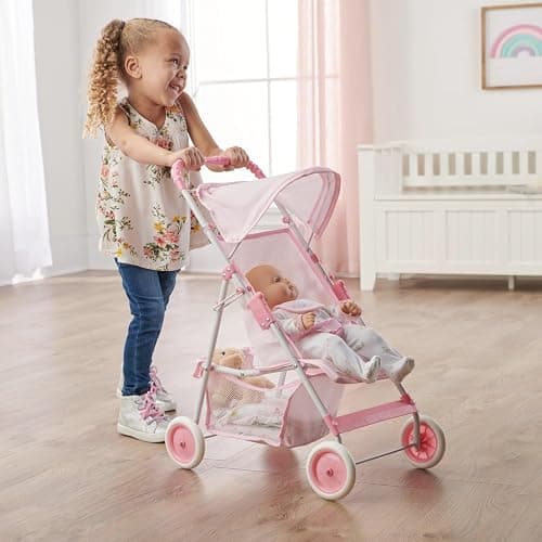 Badger Basket Folding Doll Umbrella Stroller for Dolls Up to 18 Inches - Lightweight, Compact Doll Stroller with Safety Belt, Pink and White Design thumbnail 2