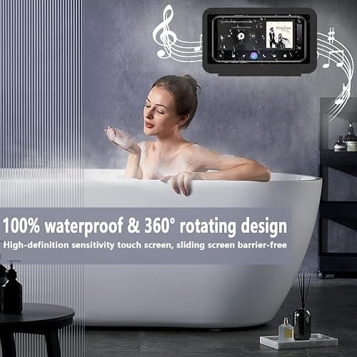 Shower Phone Holder Waterproof - Anti Fog High Sensitivity Touch Screen, 360°Rotation Wall Mount Shower Case for Phone for Bathroom Wall Mirror Bathtub Kitchen, Compatible with Under 7 Inch(Black) thumbnail 2