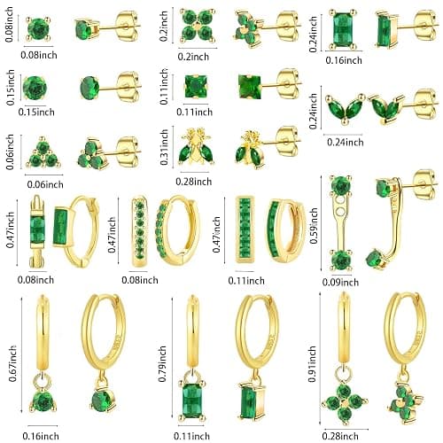 NEWITIN 15 Pairs Small Gold Stud Errings for Women Hypoallergenic Earring 14K Gold Plated Stainless Steel Inlaid Green Cubic Zirconia Earring Cartilage Stud Hoop Earrings Set thumbnail 2