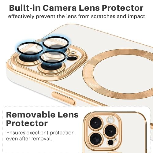 Dinick Magnetic for iPhone 13 Pro Case with Camera Len Protector, White | Compatible with MagSafe, Soft TPU Bumper, Anti-Scratch Protection, Slim Glitter Plated Gold Cover thumbnail 3