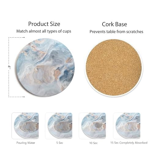 Hoomey Set of 6 Abstract Blue Marble Coasters with Holder, Absorbent Ceramic Coasters for Drinks, Coasters with Cork Backing for Table Protection, Housewarming Gifts for New Home thumbnail 3