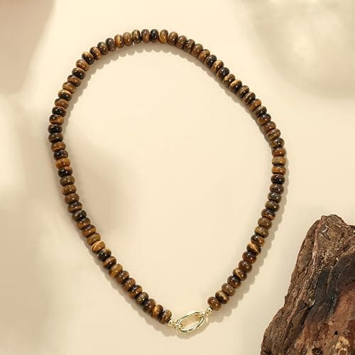 ROISE LADY Tiger Stone Natural Stone Beaded Necklaces for Women Boho Gemstone Bead Choker Summer Beach Vacation statement Trendy Charm Necklace thumbnail 7
