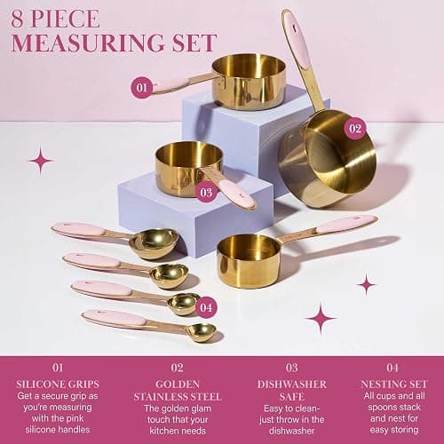 Paris Hilton Measuring Cups and Spoons Set, Stainless Steel with Pink Silicone Inset Handle, Dishwasher Safe, For Dry and Liquid Ingredients, 8-Piece Set, Gold and Pink thumbnail 3
