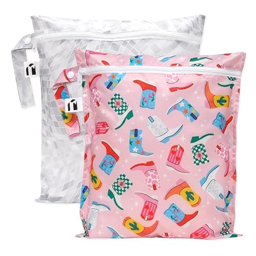 Bumkins Roamio - Waterproof Wet Bag - For Baby, Travel, Swim Suit, Cloth Diapers, Pump Parts, Pool, Gym, Toiletry, Strap to Stroller - Reusable & Easy to Clean - 2pk - Cowgirl Boots & Disco - Image 1