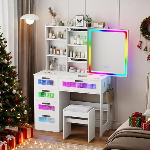 Gurexl RGB Vanity Desk with Sliding Mirror and Lights,Glass Top Makeup Vanity with Wireless Charging Station,7 Dynamic and 7 Static Dimmable Dressing Table with 5 Drawers,Shelves,Hooks,Stool - Image 1