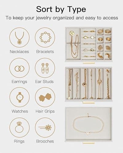 Vlando Jewelry Box for Women, Glass Lid Jewelry Organizer with 3 Drawers for Necklaces Rings Earrings Bracelets Mother Day Gift for Mom - Cloud White thumbnail 4
