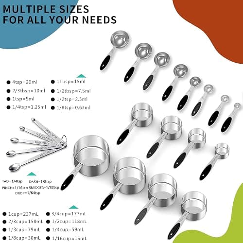 Minteem Measuring Cups and Spoons Set, 21 Pieces Stainless Steel Measuring Cups Measuring Spoons Set with Black Silicone Handle, Nesting Measuring Cup Spoon for Dry or Liquid Ingredients thumbnail 3