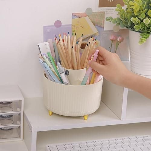 SKYDUE 360 Rotating Plastic Desk Pen Organizer with 5 Slots, Dual-Purpose Art Supply Pencil Cup for Office, School, Home - Beige thumbnail 4