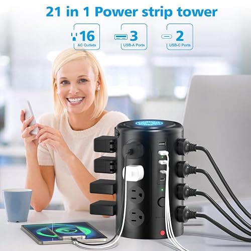Tower Power Strip Surge Protector with 16 Outlets and 5 USB Ports (2 USB-C), 6FT Extension Cord with Multiple Outlets,Heavy Duty Charging Station,Home Office Dorm Room Essentials. No Wireless Charging - 6FT - Black thumbnail 2
