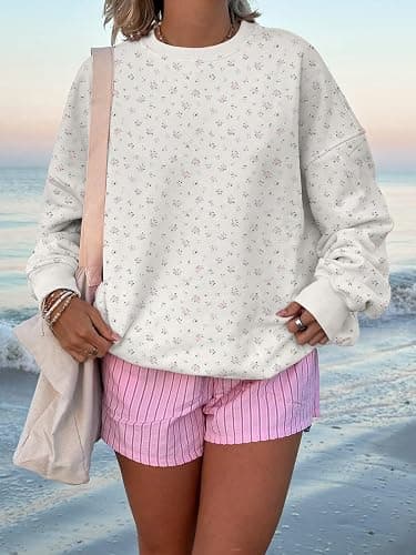 Cioatin Women Oversized Ditsy Floral Crewneck Sweatshirt Lightweight Fleece Drop Shoulder Pullover Y2K Aesthetic Fall Outfits thumbnail 3