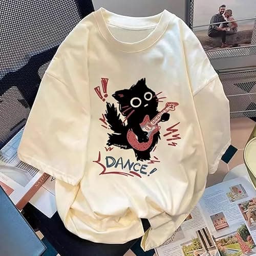Women Vintage T-Shirt Y2K Cat Graphic Harajuku Tee Tops Summer Emo Grunge Oversized Streetwear Preppy Gothtic Clothes - Grey - Large thumbnail 3