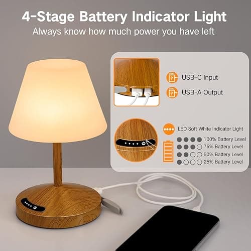 OUTON Rechargeable LED Shower & Table Lamp, Waterproof, USB Output, Stepless Dimming, 3 Colors, Power Indicator, Memory Function, Battery Operated Light for Home, Bathroom, Patio & Outdoor (Wood) thumbnail 4