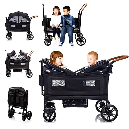 Luxury Wagon Stroller for 2 Kids & Cargo-Lightweight Foldable Travel Push Pull All-Terrain Double Wagon for Newborn&Toddler with 5-Point Harness,Adjustable Handle, Canopy,Tray Table,Cup Holder - Image 1