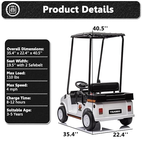 12V Golf Cart for Kids Boys Girls 2 Seater Electric Ride on Toys, White | Detachable Sunshade Roof, 2WD, With Remote Control, Music Player, for Kids 3-5, Max Load 100 Lbs thumbnail 2