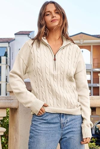 Dokotoo Women's Sweaters 2025 Fall Winter Quarter Zip Casual Ribbed Cable Knit Pullover thumbnail 5