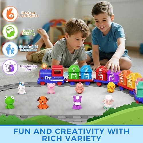 Learning Toys for Toddlers 1 2 3 Year Old,Electric Farm Train Set for Girls 2-4,Counting Matching & Sorting Montessori Train Toy with Farm Animals, Music, Light, Christmas Birthday Gift Baby (blue) thumbnail 4