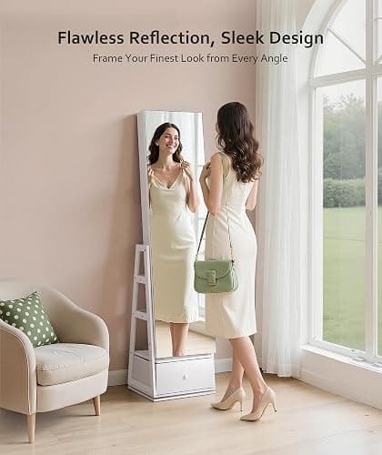 Nicetree 360°Swivel Jewelry Cabinet, Rotatable Full Length Mirror with Jewelry Storage, Standing Jewelry Armoire Organizer, Lockable Jewelry Organizer with 3 Rear Shelves, Bottom Drawer, Pure White thumbnail 4