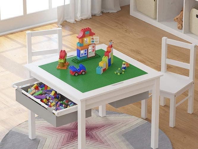 UTEX Wooden 2 in 1 Kids Construction Activity Table and 2 Chairs Set with Storage Drawers, and Built in Plate Compatible with Lego and Duplo Bricks (White with Grey Drawers) thumbnail 4