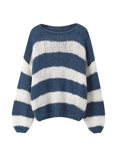 Women Color Block Striped Pullover Sweater Oversized Long Sleeve Crewneck Tops Fall Winter Warm Knitted Loose Outfit - Image 1