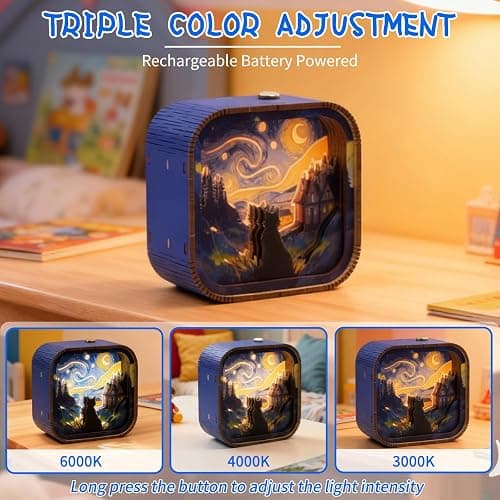 3D Wooden Puzzle Night Light DIY LED Art Lamp Kit for Adults Desk Decor Relaxing Craft Project Table Ornament and Unique Gift (Starry Cat) thumbnail 3