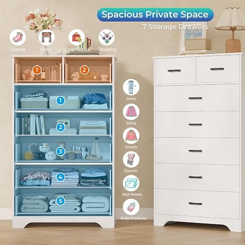 DICTAC White Dresser for Bedroom with 7 Drawers, 55.7" Tall Dressers Chest of Drawers, Modern Large Wood Storage Dresser Organizer with Metal Handle, Vertical Dressers for Bedroom Living Room Nursery thumbnail 4