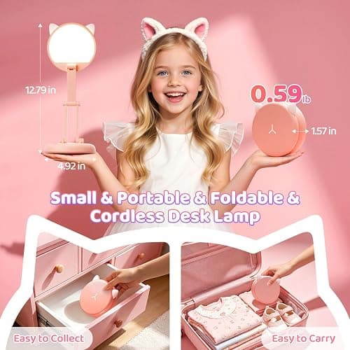 One Fire Cute Desk Lamp Pink Dorm Lamps for College Girls Foldable Portable Rechargeable Dimmable Cute Cat Lamp Kawaii Room Decor,College Dorm Decor for Girls Pink Classroom Essentials thumbnail 3