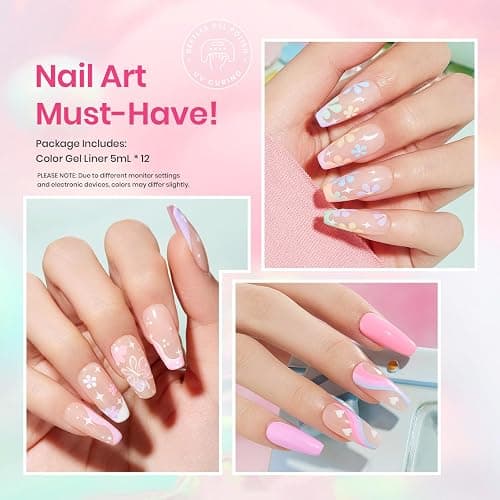 Beetles Pastel Gel Liner Nail Polish Set, 12 Colors Spring Sheer Pink Nude Blue Purple White Yellow Orange French Line Swirl Nail Art Gel Polish Soak Off Uv Lamp Manicure Gifts for Women thumbnail 3