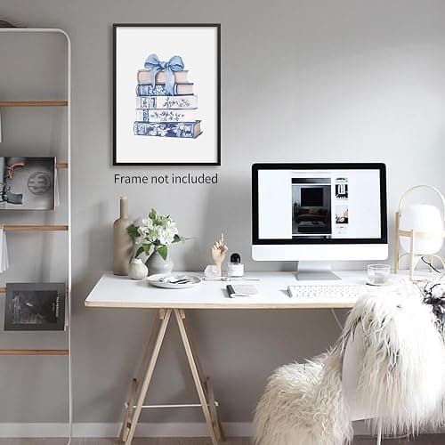 FuSatisYilife Coquette Bow Book Wall Art Blue and White Chinoiserie Flower Poster Fashion Minimalist Library Canvas Prints for Office Apartment Wall Decor 12X16 inch Unframed thumbnail 5