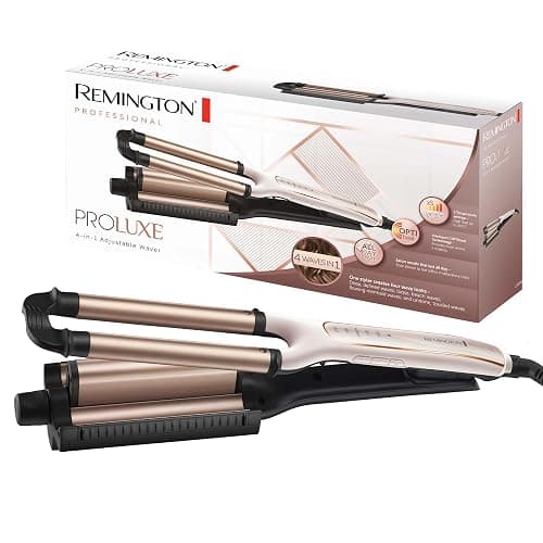 Remington Welleneisen [Testsieger] ProLuxe 4-in-1 Lockenstab: Beach, natürlich Wellen, Wasserwellen, (Dig. Display, Temperatureinstellung bis 210°C) Kreppeisen, Multistyler CI91AW, Weiße Rose - Image 1